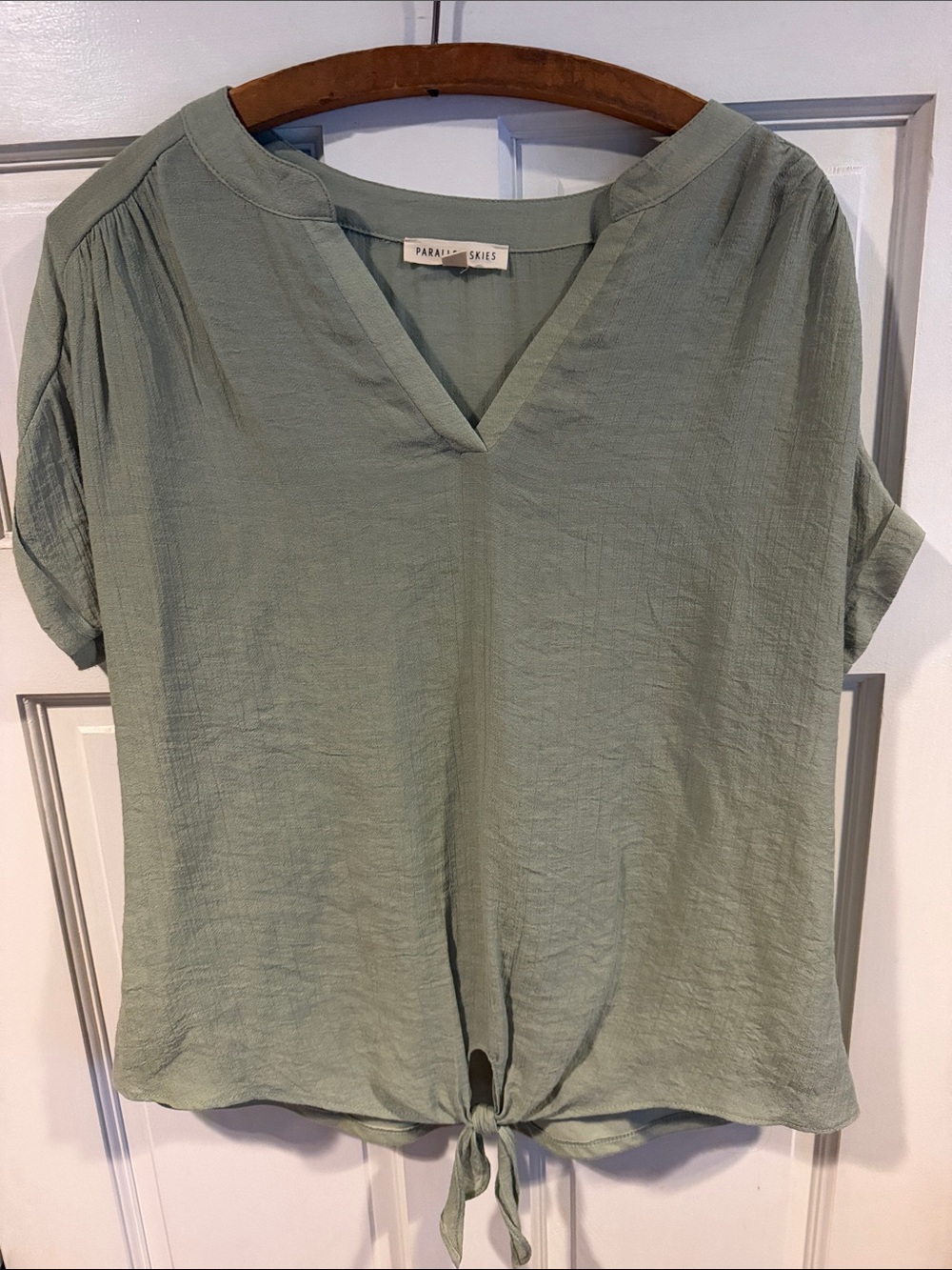 Paradis Skies Sage Tie-Front V-Neck Blouse